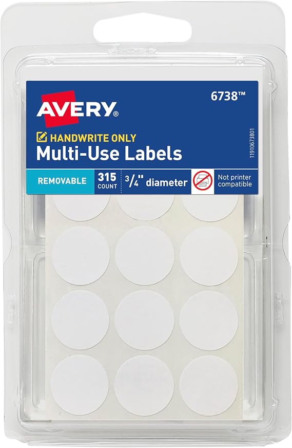 Avery Multi-Use Removable Labels, 3/4 Inch Round Stickers, White, Non-Printable, 315 Blank Labels Total (6738)