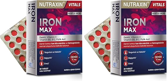 Nutraxin Iron Max 30 Tablet – Demir, C Vitamini, Folik Asit ve B12 Vitamini İçeren Takviye (2 paketi)