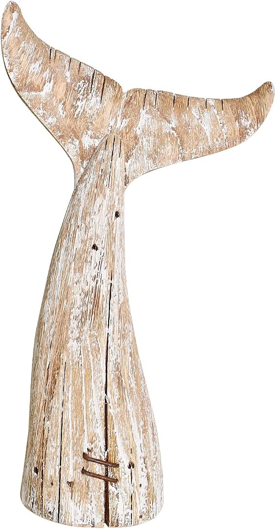 Wood Whale Tail Decor Nautical Table Decoration Whale Statue Figurine | Sculpture Standing Wooden Coastal Decor Beach Lake House Coastal Bathroom Home Decor Shelf Table Centerpiece 19.5"