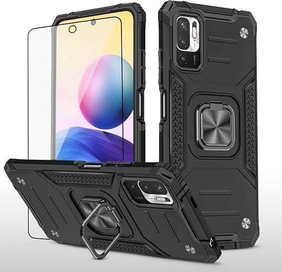 Asuwish Phone Case for Xiaomi Redmi Note 10 5G with Tempered Glass Screen Protector Cover and Cell Accessories Ring Holder Stand Kickstand Protective Poco M3 Pro/Redme Note 10T G5 Women Men Black