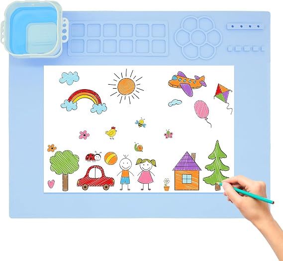 Hokisei Silicone Painting Mat, 20"x16" Large Paint Mat with Detachable Cup, Non-Slip Siliocne Art Pad, Silicone Drawing Pad with Palette for Crafts, Resin, Clay, Play Doh, DIY Arts (Blue)
