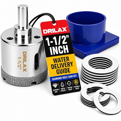 1-1/2 Inch Diamond Hole Saw with Water Delivery System Guide Easy Drilling for Quartz, Granite, Marble, Porcelain, Ceramic, Glass Tiles - Complete Kit for Precise DIY Holes 1.5 inch | For Quartz, Tile, Glass, Marble Countertop Drilling 3cm Thickness Deep