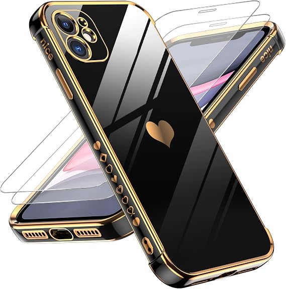 LeYi for iPhone 11 Case: with Tempered Glass Screen Protector [2 Pack] + Full Camera Lens Protection,Love Heart Plating Women Cute Luxury Soft TPU Shockproof for iPhone 11 Case, Black