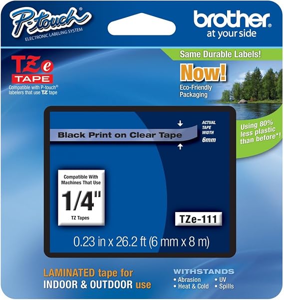 Genuine Brother 1/4" (6mm) Black on Clear TZe P-Touch Tape for Brother PT-1880, PT1880 Label Maker