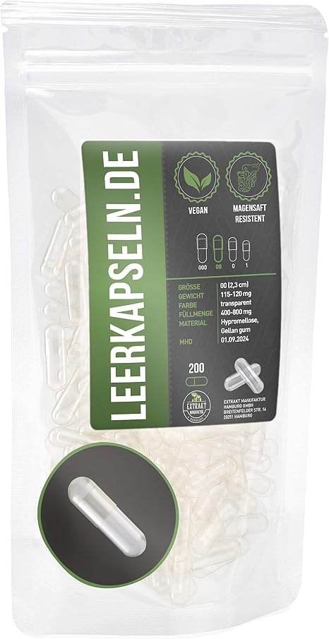 Gastric Juice Resistant Empty Capsules Size 00 Enteric Juice-Resistant Empty Capsules Vegan High Quality Dissolve Only in the Small Intestine (Pack of 200 Size 00)