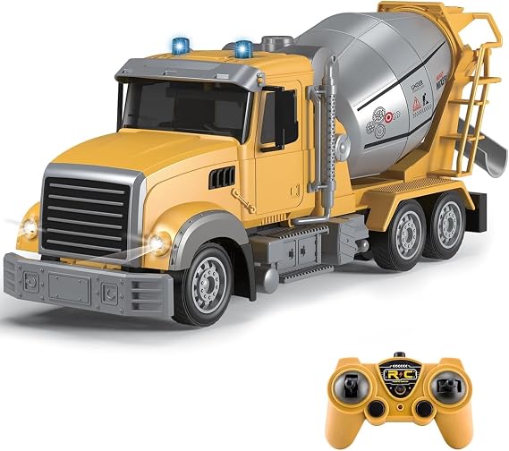 Fistone RC Cement Mixer Toy, 6 Channel Truck with Lights, 1:24 Electric 360 Degree Stirring Vehicle, Rechargeable Construction Truck for Kids