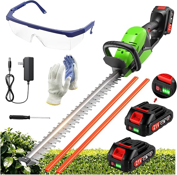 Electric Hedge Trimmers 21v Cordless Hedge Trimmer with Battery & Charger Included Handheld Electric Trimmers with Steel Blade Bush Trimmer for Garden Yard, Green