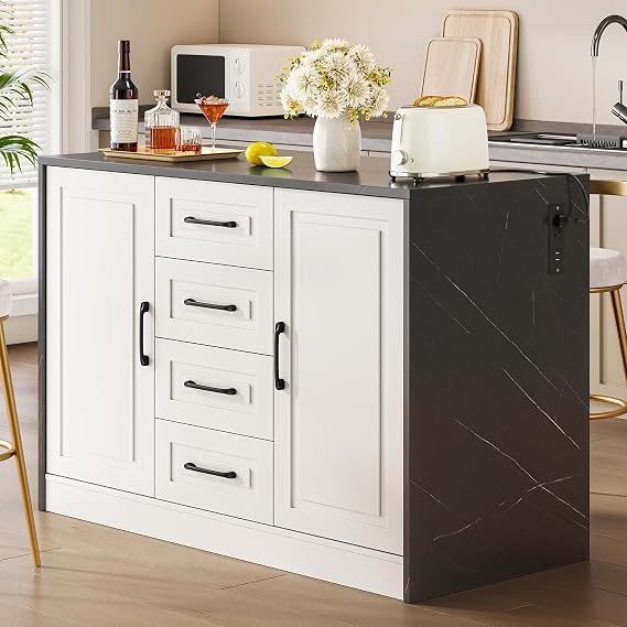 47.3" Kitchen Island with 2 Storage Cabinets & 4 Drawers, Modern Imitation Marble Dining Table with Power Outlet, Island Bar Table for Kitchen, Dining Room, Living Room, Black