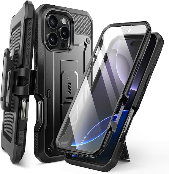 SUPCASE for iPhone 16 Pro Max Case with Screen Protector & Stand, Black