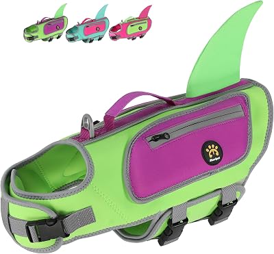 Dog Life Jacket, Shark Dog Life Vest Adjustable Pet Swimming Safety Vest with Superior Buoyancy & Rescue Handle for Small Medium Large Dogs, Swim, Pool, Beach, Boating Green, X-Small