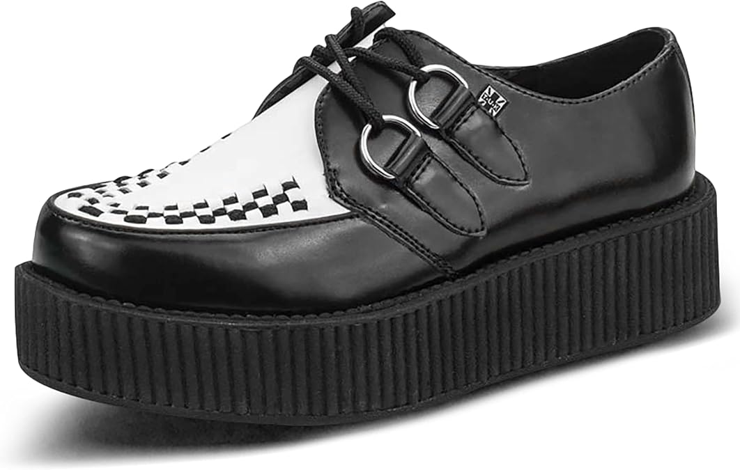 T.U.K. Black/White Leather Viva Mondo Lace Up Creepers US Women 13 / Men 11 | Premium leather upper with woven interlace detail, memory foam insole, and chunky platform sole for bold alternative style