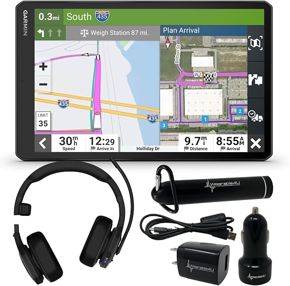 Garmin dezl OTR1010, Extra-Large, Easy-to-Read 10 GPS Truck Navigator, Custom Truck Routing with Garmin dezl Headset 200, 2-in-1 Premium Trucking Headset and Wearable4U Power Pack Bundle