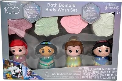 Disney Princess Bath Bomb & Body Wash Set, 8-Piece Set with 4 Scented Body Wash & 4 Bath Bombs, 4 Surprise Charms & 4 Collectible Character Bottles! Make Bath Time Fun! Ages 3