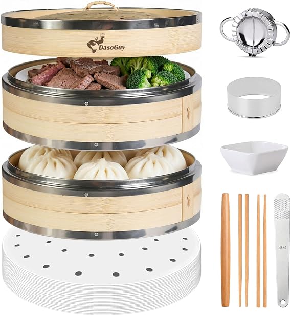 Bamboo Steamer Basket with Stainless Steel Rim 10 Inch Dumpling Steamer Kit | 2 Tiers with Lid, 50 Liners Chopsticks Sauce Dish Dumpling Makers, Steaming Asian Food Bao Bun Dim Sum Rice Veggies Steam Pot