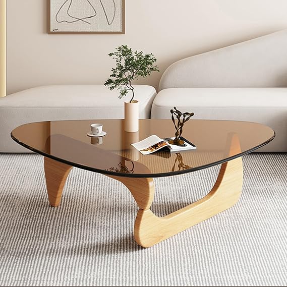 Mid-Century Modern Coffee Table - Triangle Glass Top Natural Wood Base Triangle Coffee Table for Living Room Patio Office Abstract End Tables (Raw Wood/Brown, Large 45 * 32.3 * 15.7)