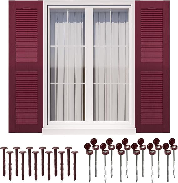Exterior Window Shutters with 24 Pcs Shutter Fasteners - Weather-Resistant Polypropylene, Easy DIY Install - Louver Shutters for Windows Outside, 14.5"W x 25"H,Red