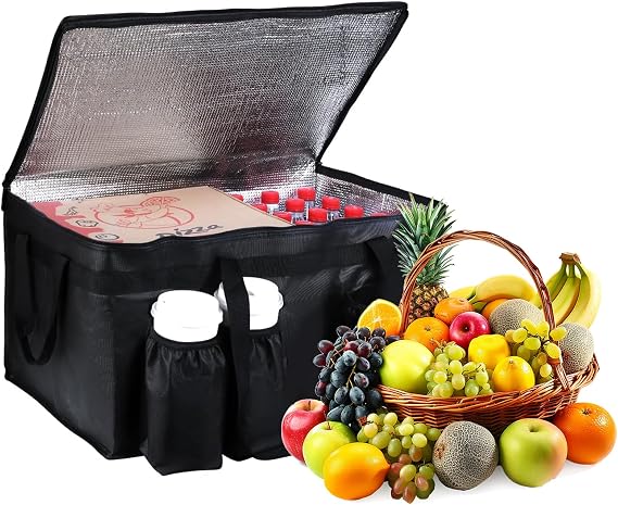Food Delivery Bag,3XL Insulated Food Transport Bag with Cup Holder - Reusable Cooler Bag for Cold and hot Food with lid and Double Zipper