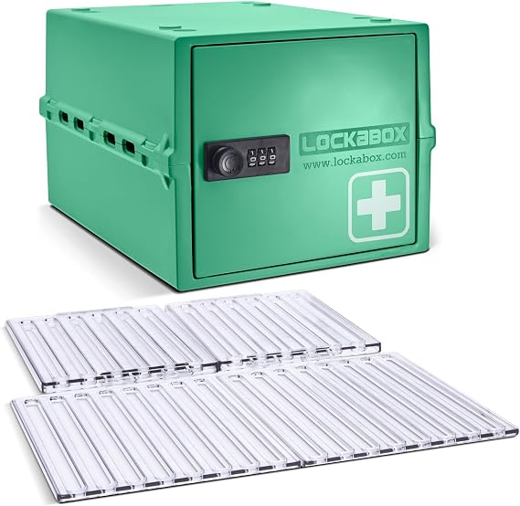 Lockabox OneTM Medi Green & Shelf Pack Bundle | Lockable Box for Food, Medicines, Tech and Home Safety with Removable Shelves and Base Inserts