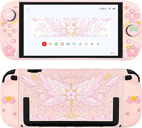 Protective Case for Nintendo Switch 2, Hard Back Shell / 2 Silicone Anti-Slip Controller Covers / 2 Joystick Caps, Cherry Blossom Design Cover, Pink