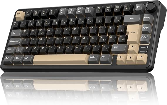 RedThunder K75 75% Wireless Mechanical Gaming Keyboard,Creamy Gasket-Mounted,Volume Knob,UK Layout 81 Keys,2.4G/BT/USB-C,RGB Underglow Lighting,Hot swappable Fast Apricot Switch for PC Mac（Black Gold）