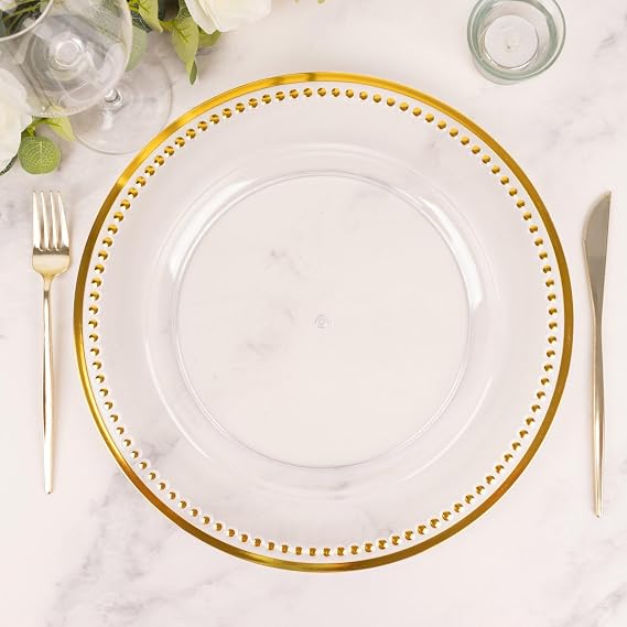 Tableclothsfactory 6 Pack 13 Beaded Gold Clear Acrylic Charger Plate, Plastic Round Dinner Charger Event Tabletop Decor