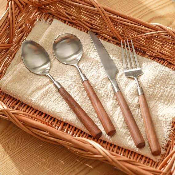 Wood Silverware Set for 6 Wooden Flatware Cutlery Utensils Set 18/10 Stainless Steel Walnut Handle 24 Piece Include Knives Forks and Spoons Tableware Set for Home Kitchen Wedding Restaurant
