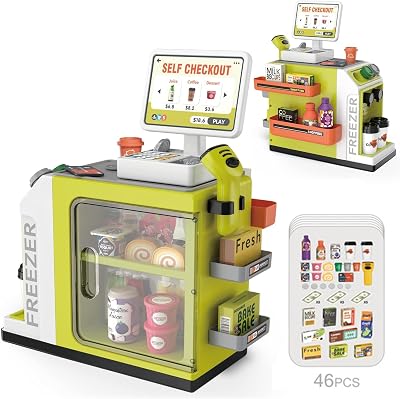 46 PCS Cash Register Toy Set for Kids Pretend Play Cash Register Toy with Scanner, Shopping Cart, Calculator, Play Food, Credit Card, Toys for Boys 3 6 7 8 9 10 11 12 Years Old Birthday Gift