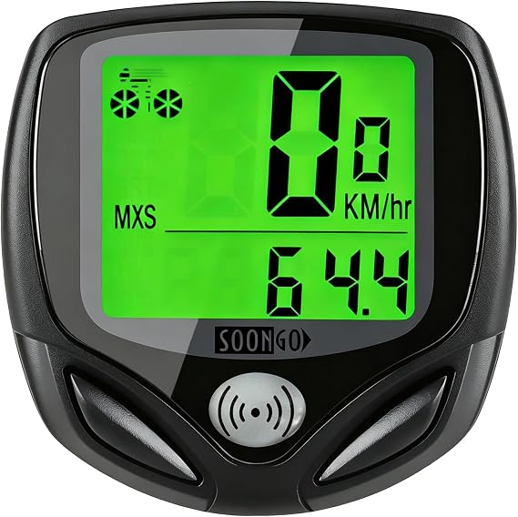 SOON GO Wireless Waterproof Bike Computer, Bicycle Speedometer Odometer with Large LCD Green Backlight, Auto Sleep & Wake-Up, Accurate Multi-Function Speed Tracker for Mountain, Road & Folding Bikes
