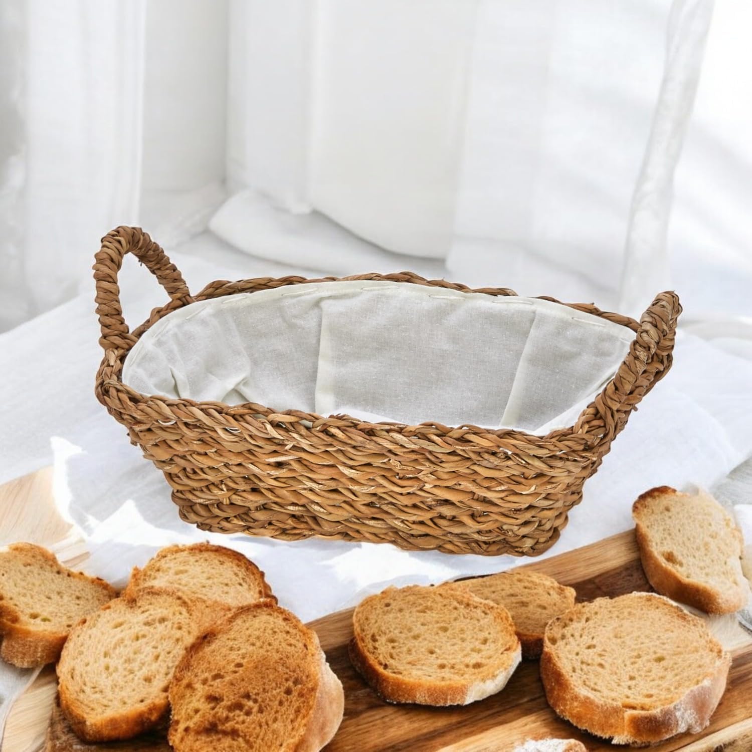 Deconox Handmade Natural Wicker Multi-Purpose Decorative Rectangular Basket with Handles, Bread Basket with Wicker Handles 27x18x8cm