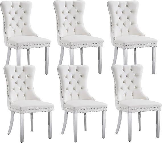 White Velvet Dining Chairs Set of 6, High-end Tufted Dining Room Chair with Back Ring Pull Trim and Silver Stainless Steel Legs, Modern Upholstered Kitchen Chair for Living Room