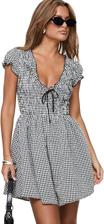 Princess Polly Wescott Black White Gingham Puff Sleeve V-Neck Romper