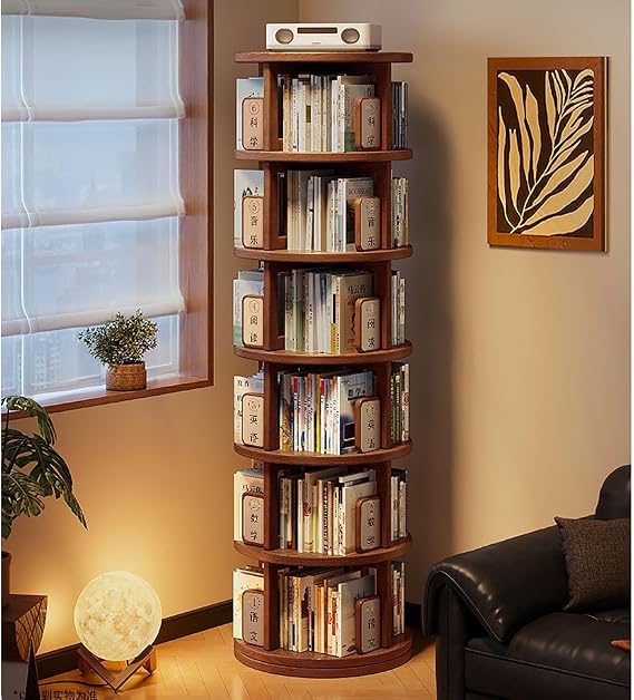 Solid Wood Rotating Bookshelf, Round Display Book Shelf Tower 360° Spinning Bookshelves, Narrow Tall Bookcase Organizer for Small Spaces, Corner, Bedroom(6 Tier, A)