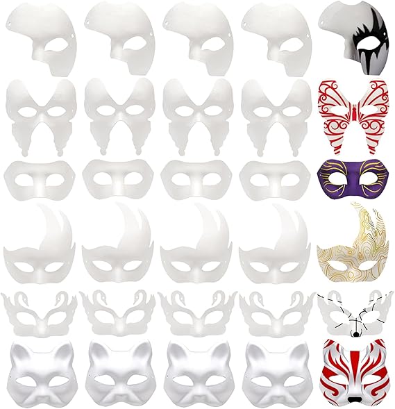 Nicunom 30 Pack Paper Mache Art Masks, DIY Blank Masks Paintable Masquerade Mask White Half Face Masks Costume Craft Mask for Art Party Mardi Gras Cosplay Dance Halloween Christmas