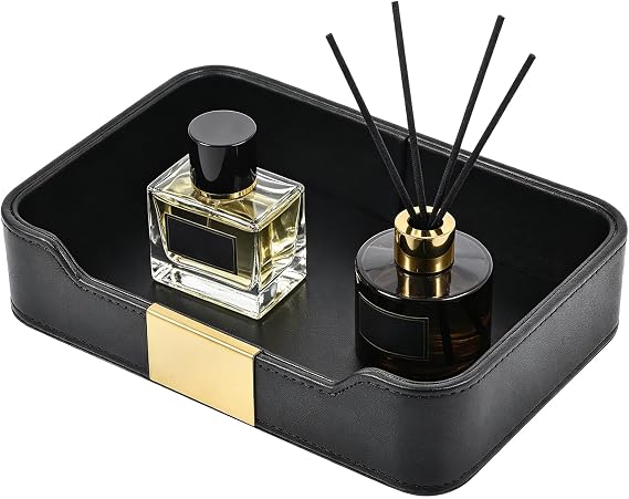 Luxury Leather Desktop Storage,Premium PU Leather Valet Tray Organizer,Entryway Table Decorative Tray,Nightstand Caddy Holder for Remote Controller,Keys,Phone,Wallet,Watch,Jewelry (Black)