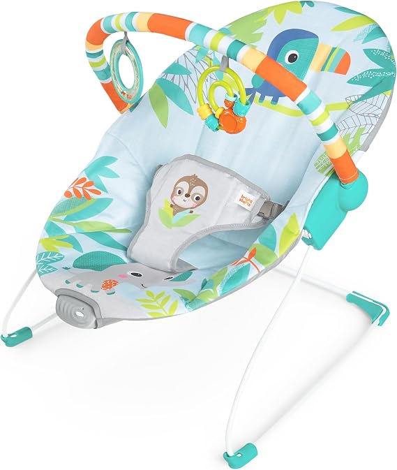 Bright Starts Baby Bouncer Soothing Vibrations Infant Seat - Removable Toy Bar, Nonslip Feet, 0-6 Months Up to 20 lbs (Rainforest Vibes)