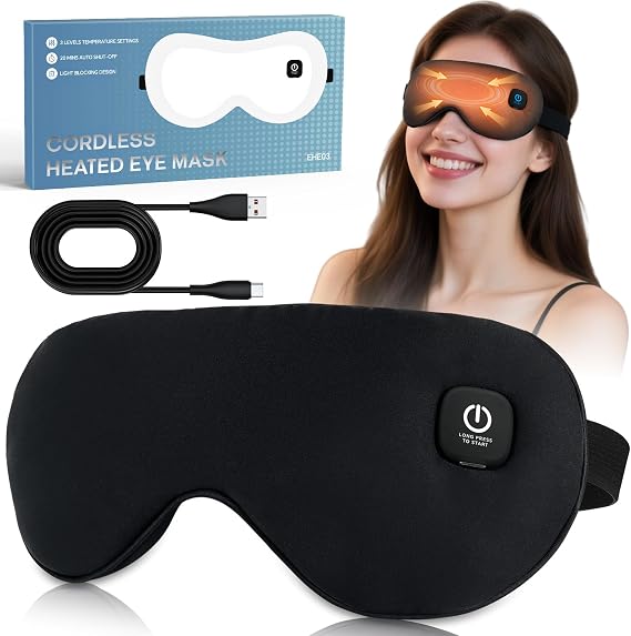 Cordless Heated Eye Mask for Dry Eyes Relief, with 3 Heat Settings, Washable Eye Cover, Warm Heating Pad for Stye Eye Treatment & Travel Use