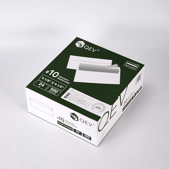 No 10 Security Self Seal Envelopes 500ct, 24lb White Offset Paper, Security Tint Privacy Peel and Seal Windowless for Legal Letters, Invoices, Checks, Business Mail