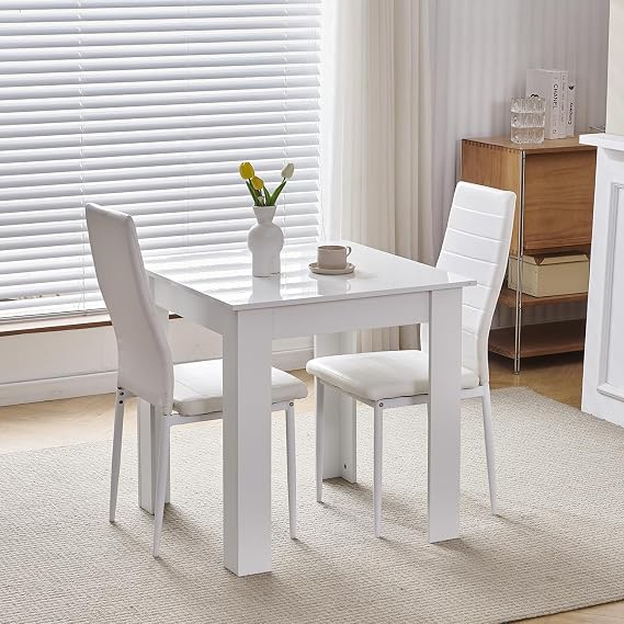 Pantanal Modern White Dining Table and White Pu Leather Chairs Set of 2 for Small Space, 3pcs Kitchen Rectangular Table with 2 Seater Chairs, SSZZ202307+HXY