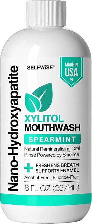 Xylitol Mouthwash with Nano Hydroxyapatite, Remineralizing Rinse for Teeth & Gums, Alcohol-Free & Fluoride-Free Clean Mouth Wash for Adults & Kids, All Natural Organic Herbal Spearmint - 8oz