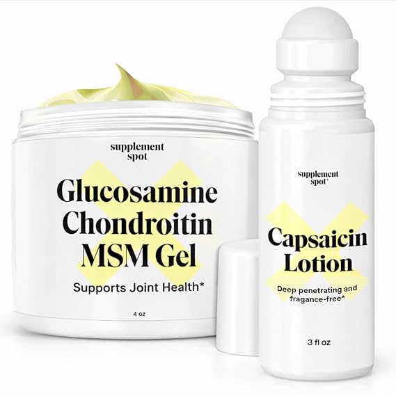 Capsaicin Roll-On Cream 0.075% - Glucosamine Chondroitin MSM Gel with Bromelain Joint & Muscle Care Bundle