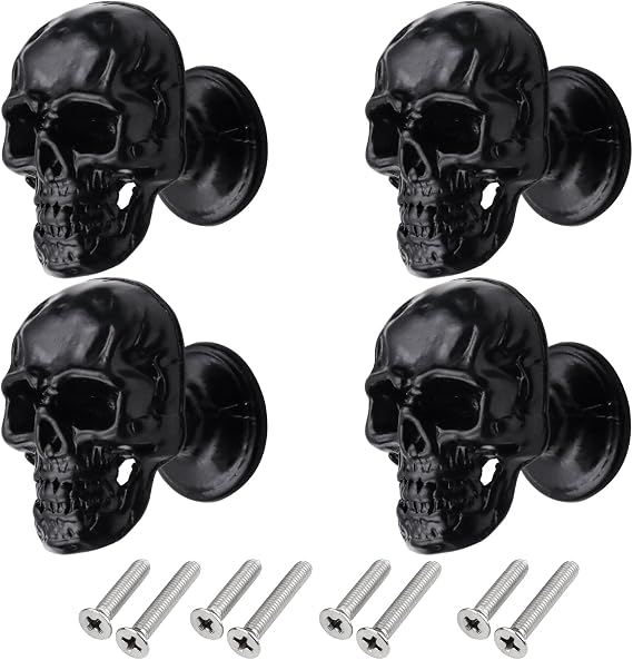 4 Pack Skull Skeleton Cabinets Knobs, Single Hole Pull Handle for Drawer Wardrobes Bookcases Dresser Closets Hardware Furniture Decoration (Black)