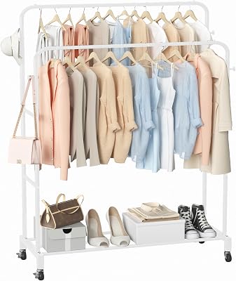 Sooyee Double Rod Clothing Rack with Wheels,3 Tier Garment Racks for Hanging Clothes,Portable Clothes Rack with 4 Hooks for Bedroom,Laundry Room,White