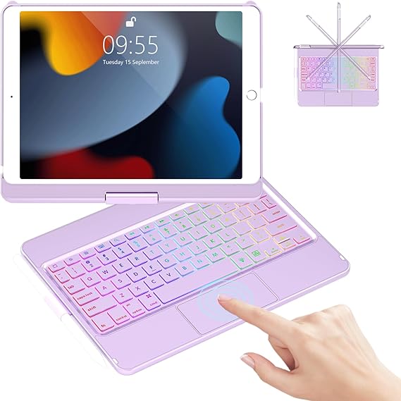 Keyboard Case for iPad 9th/8th/7th Multi-touch Trackpad & 7 Color Backlight | Auto Wake and Sleep, 360°Flip Hard-shell, Slim Keyboard Case with Pencil Holder, Bluetooth Keyboard for iPad 10.2''-Purple