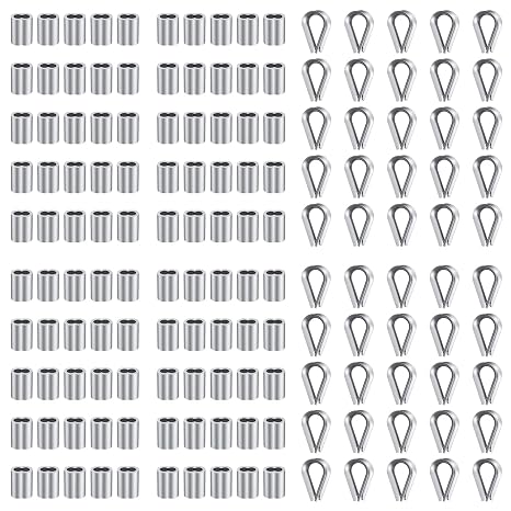 100Pcs 1/8" Aluminum Crimp Loop Sleeves and 50Pcs M3 Stainless Steel Thimble for Wire Rope Crimping Tool