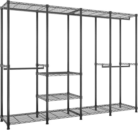 Wire Garment Rack,Heavy Duty Clothes Rack Metal Clothing Rack with Shelves,Closet Organizer, Freestanding Portable Wardrobe Closet Rack for Hanging Clothes,Black (A)