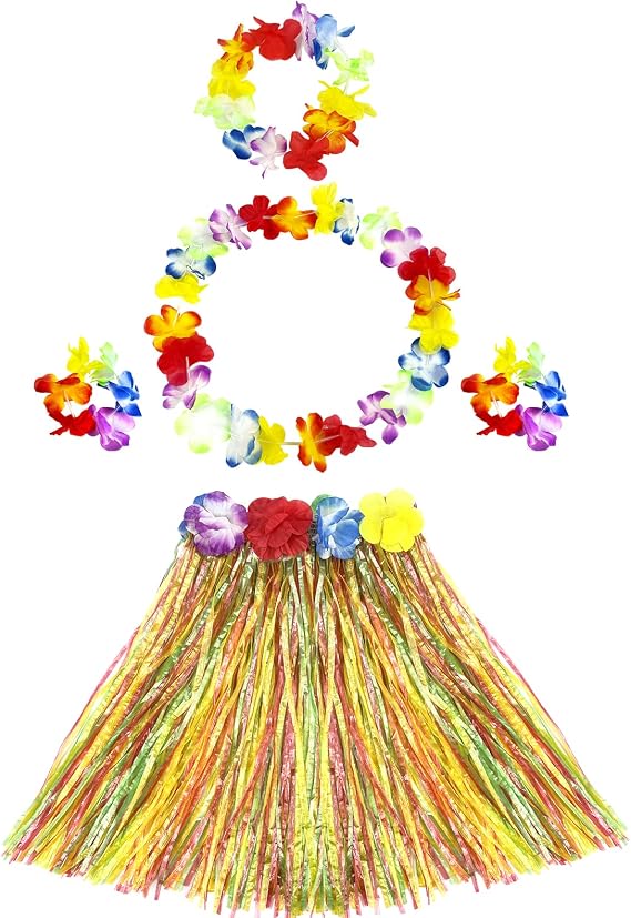 Hikkcos 5pcs Elastic Hawaiian Hula Grass Skirt for Girls Colorful Tropical Luau Flower Leis Headband Necklaces Bracelets Girls Party Supplies