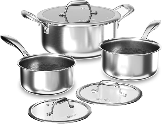 COOKER KING Hybrid Stainless Steel Pot Set, 1.5 & 2 & 5QT Pots with Lids