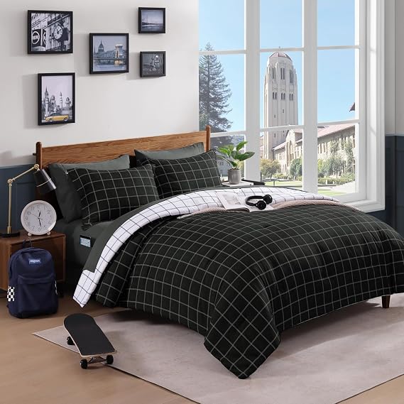 Plaid Twin XL Comforter Set Black 5 Pieces Bed in a Bag for College Dorm | Reversible Checkered Farmhouse Bedding Sets for Boys Girls Teen with Sheets, Pillowcase & Sham