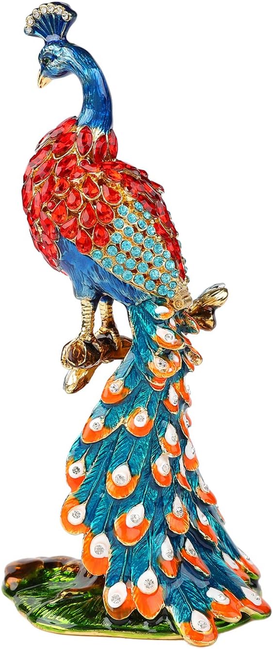 Peacock Trinket Boxes Hinged Enamel Hand-Painted Animals Craft Ornaments Decorative Jewelry Box Unique Gift for Home Decor (Blue)