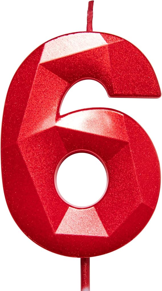 2.75in Tall 3D Diamond Shape Bright Red 6 Candles, Red Color Happy Birthday Cake Toppers Decorating and Celebrating for Adults/Kids Party/Family Baking (Bright Red Diamond Shaped 2.75in Number 6)